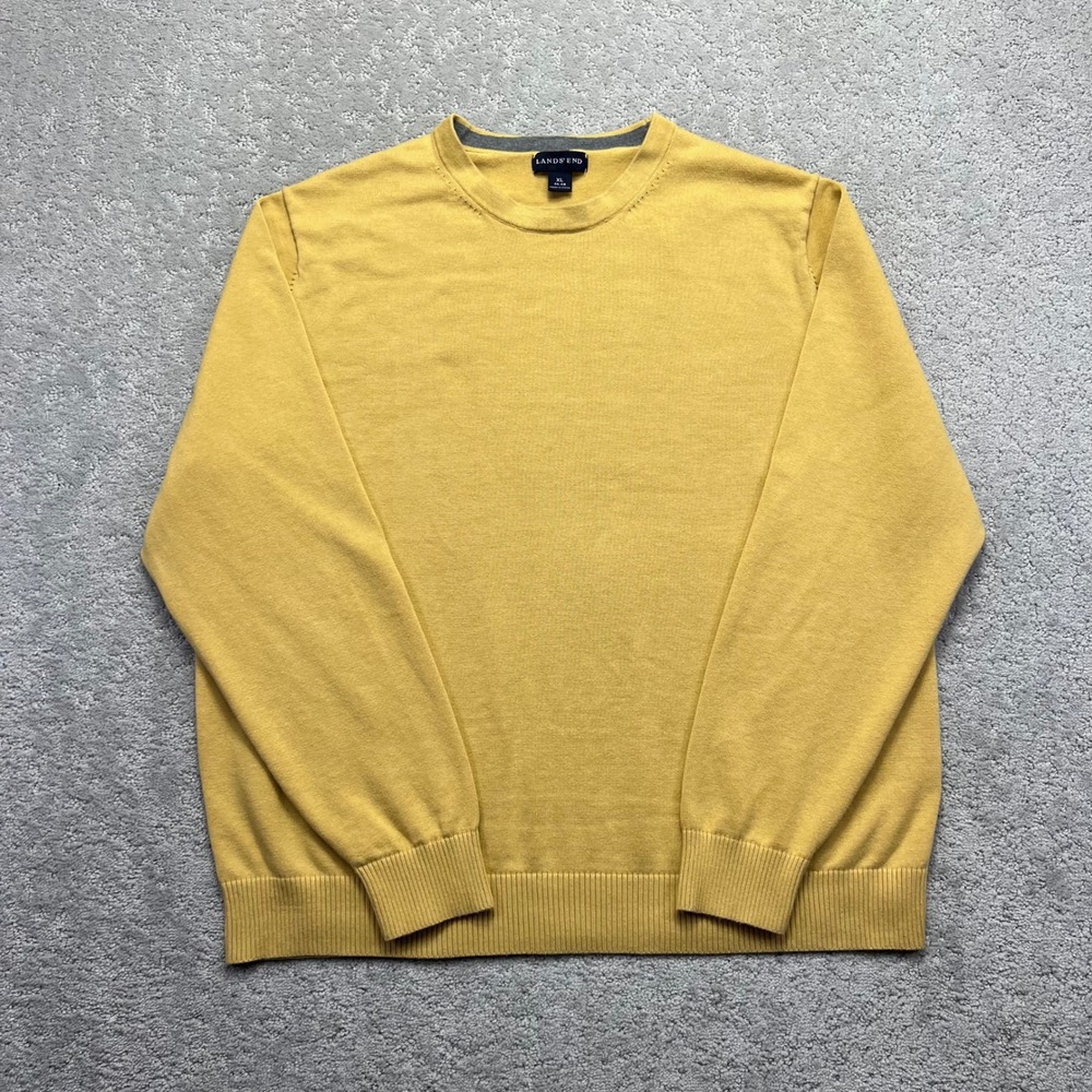 Lands End Sweater Mens XL Mustard Yellow 100% Cotton Crewneck Knit‎ Pullover